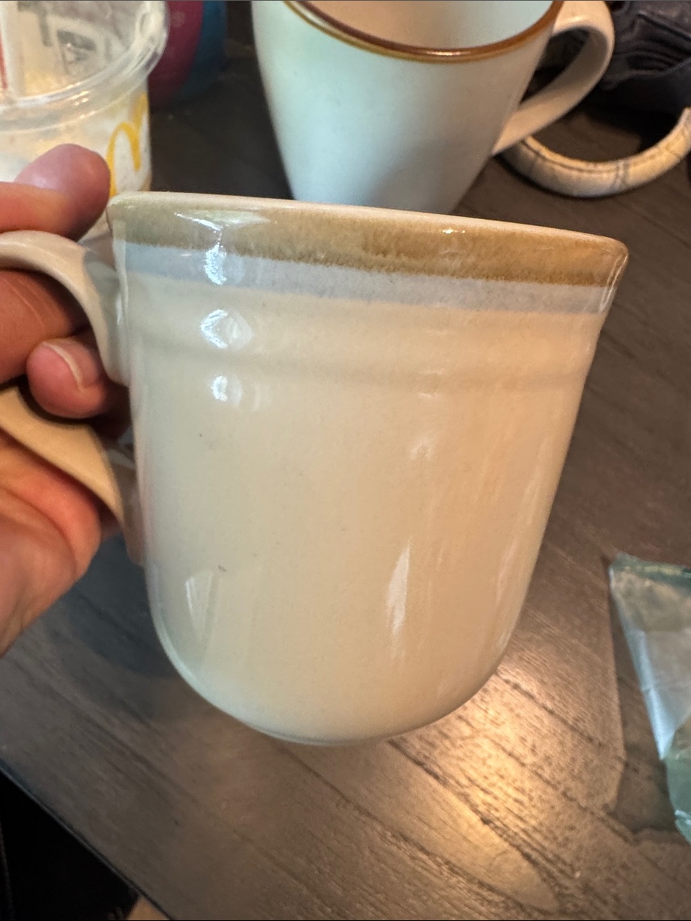 Noritake Cream Stoneware Mug set 3 with Tan Rim oven detergent microwave safe